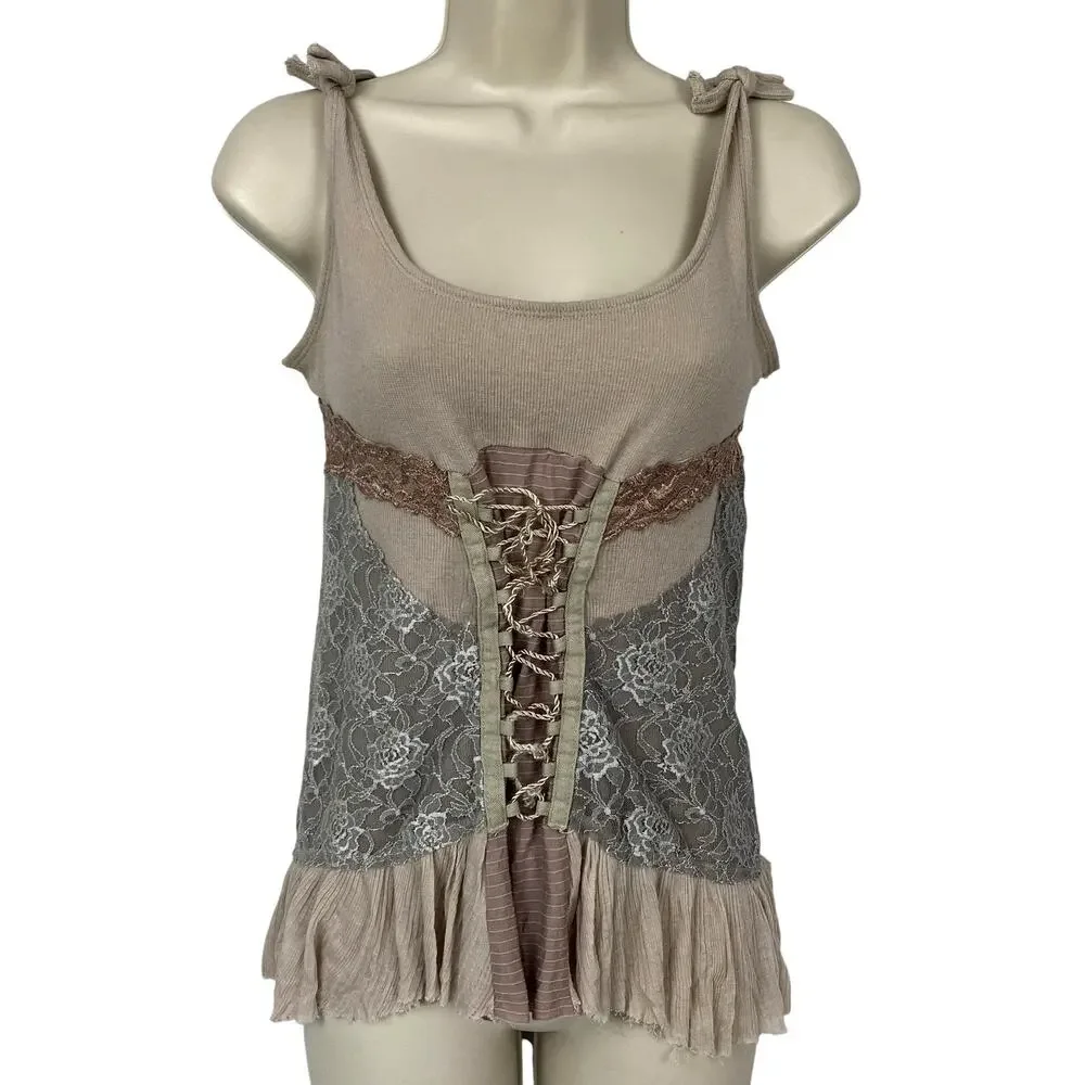 Free People Lace Corset Tank Top Medium Beige Blush Ruffle Fairy Grunge Ren Fair